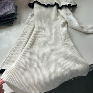 White Ribbed Sweater with Black Trim